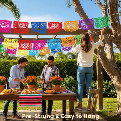 Vista 5 de DomeStar Paquete de 3 Pancartas de Fiesta Mexicana, 54 Pies Papel Picado Guirnalda de Banner de Fiesta para Cinco de Mayo Día de los Muertos