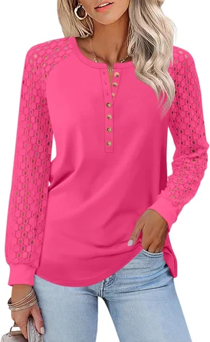 Vista 7 de Minetom Camisetas de manga larga con encaje para mujer, blusas casuales