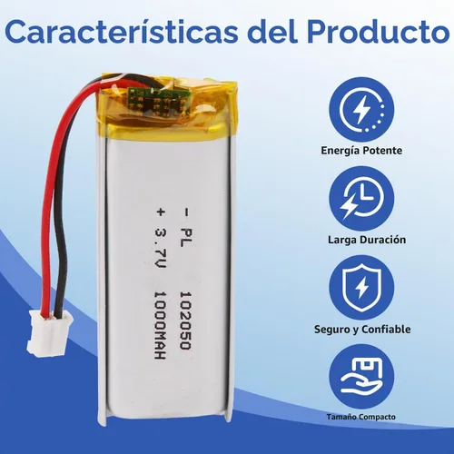 Vista 5 de Batería Lipo de 3.7V 1000mAh 102050 Batería recargable de polímero de litio con conector JST PH2.0.000 in para altavoz Bluetooth, GPS, reloj