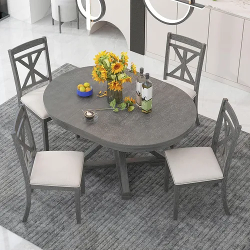 Vista 15 de VilroCaz Juego de comedor funcional retro de 5 piezas, mesa de comedor extensible de madera maciza con una hoja de 16 pulgadas y 4 sillas tapizadas