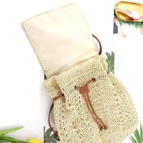 Vista 4 de Mochila tejida hecha a mano de paja mediana para mujer, con solapa, con cordón, bolsa de playa, Beige, Mochilas Daypack