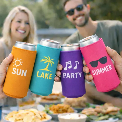 Vista 6 de Paquete de 12 fundas delgadas para enfriar latas, aislantes plegables de neopreno en blanco de 12 onzas, enfriadores de bebidas delgados para Surtido