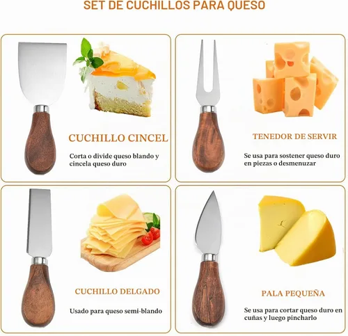 Vista 8 de Exquisito juego de cuchillos de queso de 4 piezas, colección completa de cuchillos de queso de acero inoxidable (mango de madera de acacia), listo