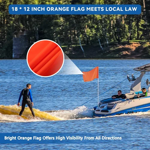 Vista 3 de Bandera de barco naranja de 48 pulgadas, bandera de esquí acuático, bandera flotante para esquiador y cuerda de wakesurf de 25 pies para Wake