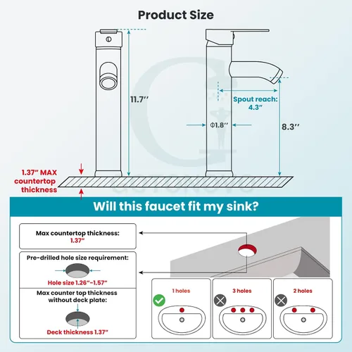 Vista 3 de gotonovo Grifo para Lavabo Vessel Grifo de Baño Moderno de 1 Orificio Montaje en Cubierta Lavatorio Tocador Grifo Mezclador de Una Sola Manija