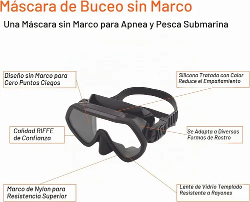 Vista 2 de Riffe Máscara de buceo negra sin marco, lente panorámica única, silicona reductora de niebla, marco anatómico para ajuste universal, marco de nailon