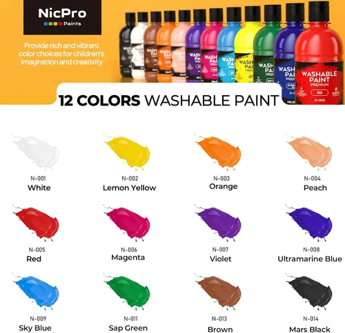 Vista 2 de Nicpro Juego de Pintura Lavable de 12 Colores Grande para Niños (16.9oz, 500 ml), Suministros de Pintura Acrílica a Granel No Tóxicos para Niños