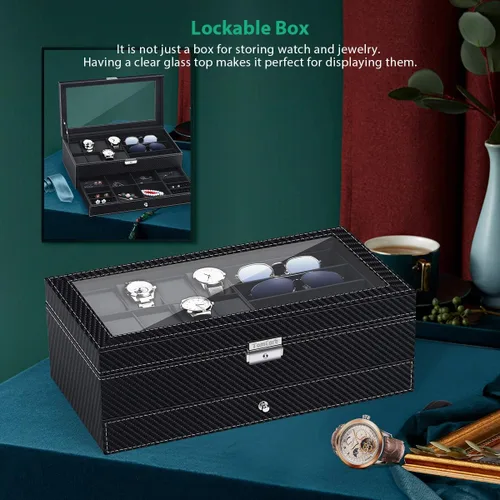 Vista 6 de TomCare Caja de reloj organizador de reloj con patrón de tejido joyero con cerradura con cajón soporte para gafas de sol aretes organizador de joyas