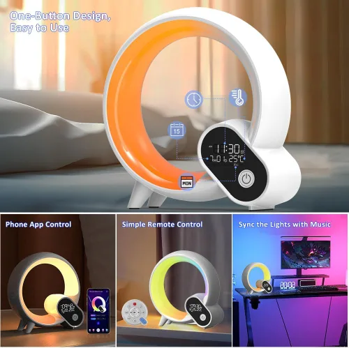 Vista 5 de Luz de despertador, reloj despertador inteligente para niños y bebés, máquina de sonido con 15 sonidos relajantes, altavoz Bluetooth, luz nocturna