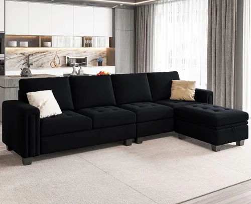 Vista 3 de Belffin Sofá seccional reversible de terciopelo con diván convertible en forma de L de 4 asientos, sofá seccional con almacenamiento otomano