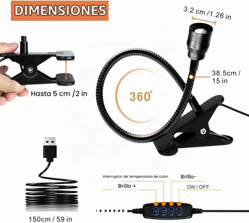 Vista 5 de YMCRLUX Luces de lectura LED con zoom para cabecera de cama, lámpara de foco con clip para escritorio, cama de dormitorio, luz de libro