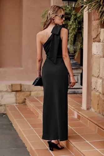Vista 5 de PRETTYGARDEN - Vestido largo formal de verano con un hombro para mujer, sin mangas, fruncido, ceñido al cuerpo, para cóctel, con abertura de noche