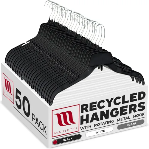 Vista 10 de Mainetti 484 - Ganchos de plástico negro reciclado - Paquete de 20 con colgador giratorio de metal y muescas para tirantes, ideal para camisas