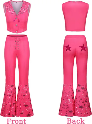 Vista 4 de Disfraz de vaquera para mujeres y niñas, adultos de los años 70 y 80, disfraz de vaquero de discoteca hippie para Halloween, cosplay