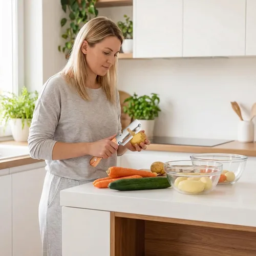 Vista 3 de Pelador de verduras multifuncional para cocina, hoja de acero inoxidable ultra afilada con mango de madera y abridor de botellas, para frutas y 1