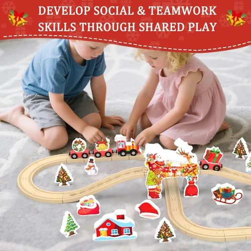 Vista 3 de Juego de tren de madera, pista de tren para niños pequeños de 3 a 5 años, pistas de madera para niños y niñas, juguetes de 42 piezas de trenes