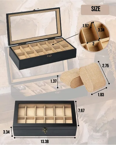 Vista 5 de Exper City Caja de reloj, caja de reloj para hombres y mujeres con tapa de vidrio grande, caja de almacenamiento de madera con 12 ranuras