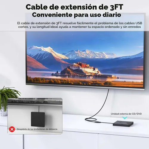 Vista 5 de Paquete de 2 cables de extensión USB 3.0, cable extensor USB 3.0 de transferencia de datos de 5 Gbps y carga rápida de 18 W, cables tipo A macho a