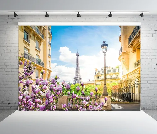 Vista 8 de BELECO Telón de fondo romántico de la Torre Eiffel de París, de 5 x 3 pies, diseño romántico de París, flores florecientes de primavera, cielo azul