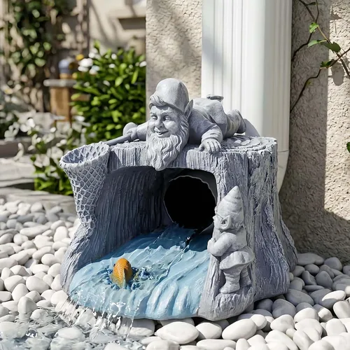 Vista 8 de Divertida escultura de gnomo desviador de canalón, desviador extensor de canalón de resina ecológica, extensión de canalón Koi Decor Downspout