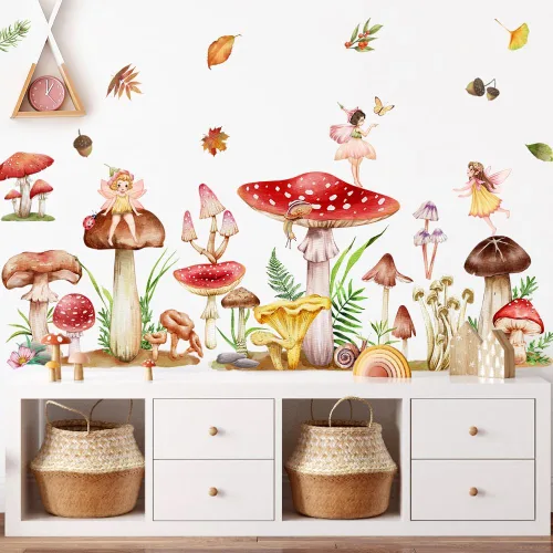 Vista 6 de Amaonm - Calcomanías de pared 3D removibles de dibujos animados coloridos de hongos elfos de princesa en ángulo murales para decoración