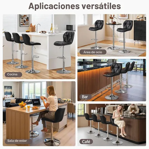 Vista 9 de Yaheetech Juego de 2 taburetes de bar, modernas sillas ajustables para isla de cocina, taburetes giratorios de piel sintética negra para bar, Negro