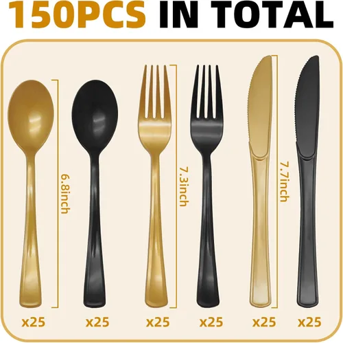 Vista 2 de Juego de 150 cubiertos de plástico negro y dorado, resistente, cubiertos de plástico negro y dorado, incluye cucharas, tenedores, cuchillos
