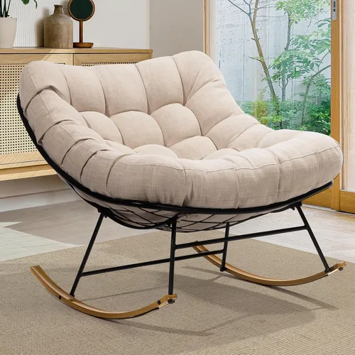 Vista 12 de Bme Mecedora de patio para exteriores e interiores, mecedora de metal con cojín grueso, cómoda y moderna silla mecedora para sala de estar, porche