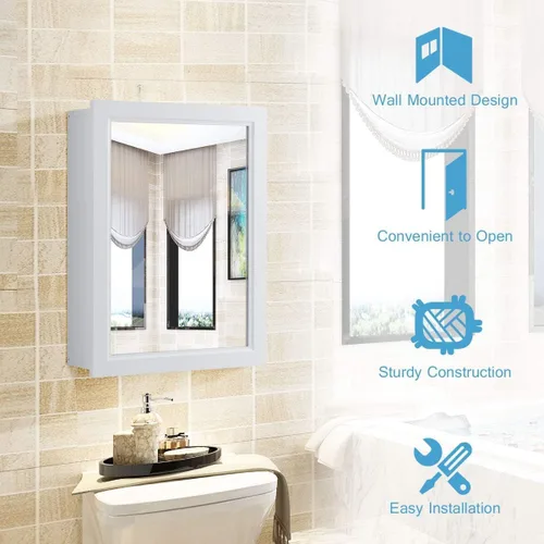 Vista 4 de GOFLAME Botiquín de baño, armario de almacenamiento con espejo de montaje en pared con una sola puerta y estante ajustable, organizador de madera