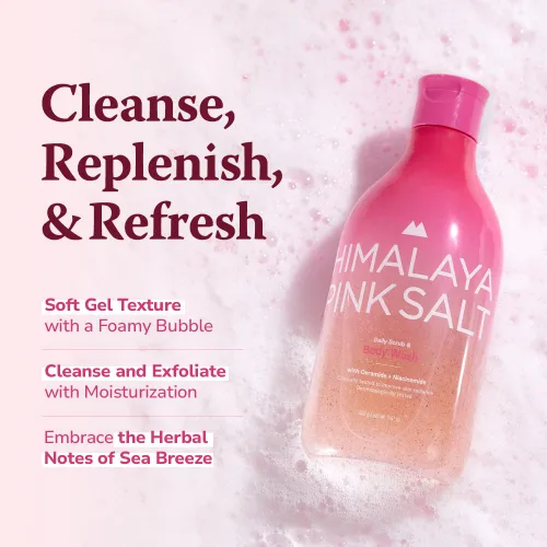 Vista 4 de HIMALAYA PINKSALT Exfoliante diario y lavado corporal - Exfoliante corporal, sal del Mar Muerto y sal rosa del Himalaya, gel de ducha natural