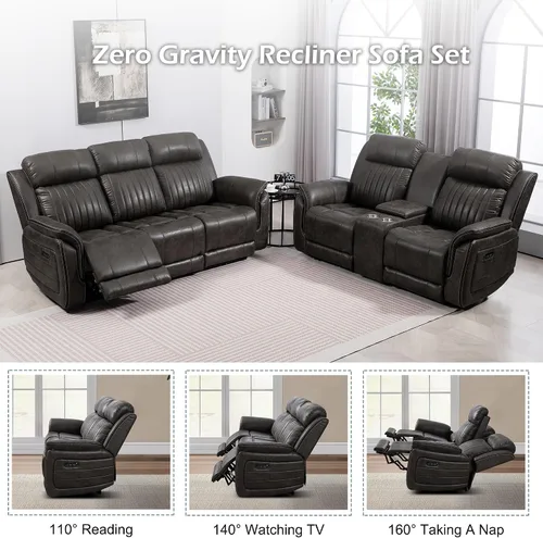 Vista 7 de Zero Gravity Power - Juego de sofá reclinable de 2 piezas con reposacabezas ajustable, sofá reclinable eléctrico y sofá biplaza con puntos de carga