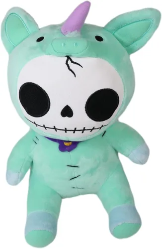 Vista 6 de Ebros Gift Furrybones más grande azul cielo unicornio encantado Unie lindo esqueleto monstruo con cuerno rosa, figura suave, huesos peludos