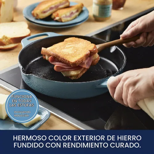 Vista 3 de Rachael Ray NITRO - Sartén de hierro fundido con mango auxiliar y boquillas de vertido, 12 pulgadas, color azul agave