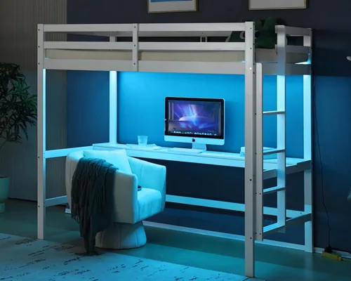 Vista 19 de VINGLI - Cama tipo loft baja de 47'' para junior con escaleras, cama de madera tamaño individual para adultos, niños y adolescentes jóvenes, sin
