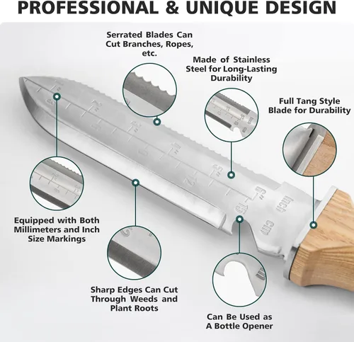 Vista 3 de Berry&Bird Hori Hori - Cuchillo de jardín multiusos con hoja afilada de doble filo de acero inoxidable de 7 pulgadas, cuchillo de tierra con funda