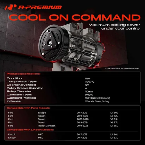 Vista 2 de A-Premium Compresor de A/C con embrague compatible con Ford Escape 2017-2019, Transit 2019-2020, Transit Connect 2019-2022 y Lincoln MKC 2017-2019