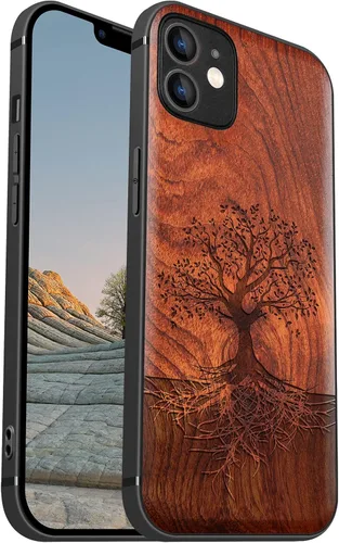 Vista 15 de Carveit Funda de madera para iPhone 12, árbol con raíces - Blackwood) Blackwood-12