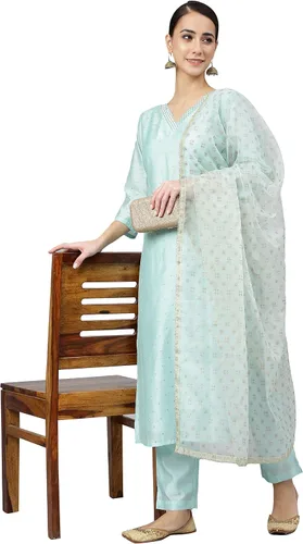 Vista 3 de Janasya Kurta de seda chanderi color verde mar para mujer india con pantalón y dupatta