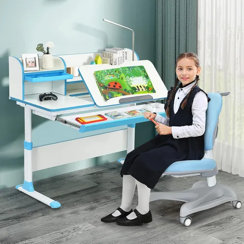 Vista 2 de Costzon Escritorio para niños, de 48 x 24 x 33 a 43 pulgadas, escritorio de estudio de altura ajustable con cajón, escritorio inclinado, estuche
