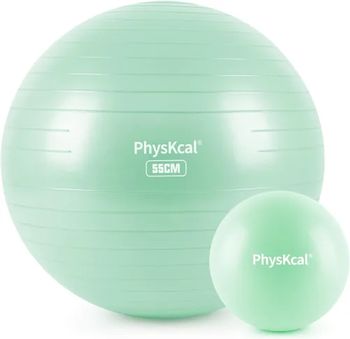 Vista 18 de PhysKcal Pelota de yoga para ejercicio, set de pilates, pelota de fitness de 4 tamaños para entrenamiento, parto, embarazo, terapia física - Bomba