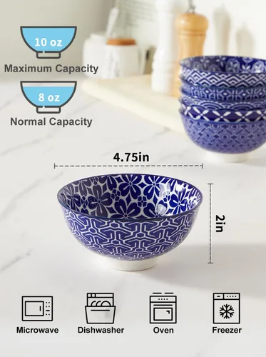 Vista 2 de Metahom Tazones Azules y Blancos, Tazones de Cerámica para Postre de 10 Oz, Juego de Tazones de Porcelana para Helado, Tazones Decorativos