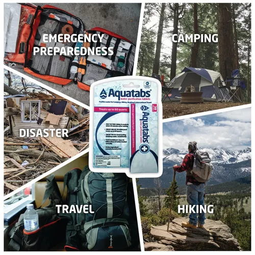 Vista 5 de Aquatabs Tabletas de purificación de agua de 49 mg (paquete de 30). Purificador de agua portátil para artículos esenciales de campamento,