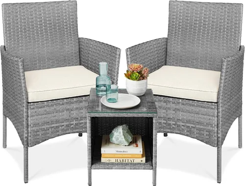 Vista 15 de Best Choice Products Juego de 3 piezas de mimbre para conversación al aire libre, muebles de patio que ahorran espacio para jardín con mesa