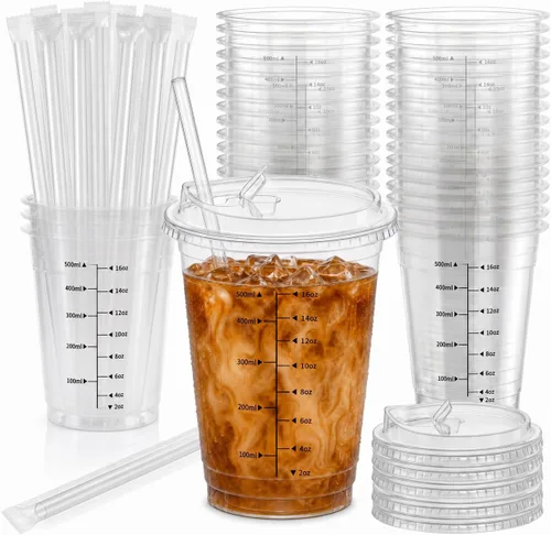 Vista 10 de Paquete de 100 tazas de café helado de 16 onzas de agarre cómodo con tapas y popotes – Vasos desechables de plástico transparente de 16 onzas