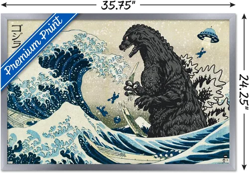 Vista 3 de Trends International Godzilla - Póster de pared Great Wave (34 pulgadas de largo x 22.4 pulgadas, versión enmarcada plateada)