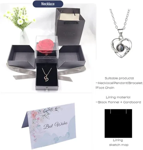 Vista 5 de Zbrand Valentine Natural Preserved Rose Jewelry Box with Surprise 100 Languages I Love you Necklace Eteternal Unfade Flowers Jewelry Storage Case