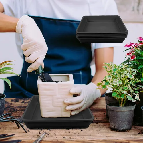 Vista 5 de 10 platillos cuadrados de plástico para plantas, maceta de 8 pulgadas, bandeja de goteo de plástico grueso para jardín, goteos de agua y tierra