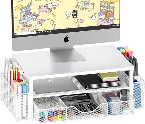 Vista 10 de OPNICE Soporte elevador de monitor doble con cajón y 2 soportes para bolígrafos, organizador de escritorio para suministros de oficina, soporte