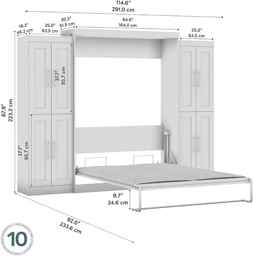 Vista 6 de Bestar Pur Queen Cama Murphy con gabinetes de almacenamiento de armario, marrón rústico de 115 pulgadas, arreglo para dormir que ahorra espacio