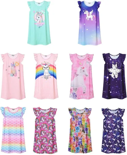 Vista 6 de Camisón de princesa para niñas, vestido de pijama de algodón con mangas de unicornio y gato